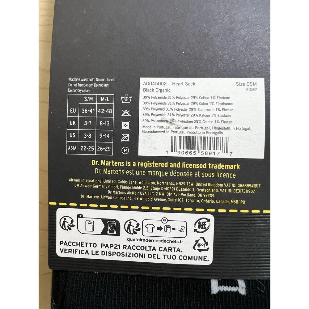 Dr Martens Women’s Size Small Medium HEART SOCK BLACK-WHITE COTTON BLEND New